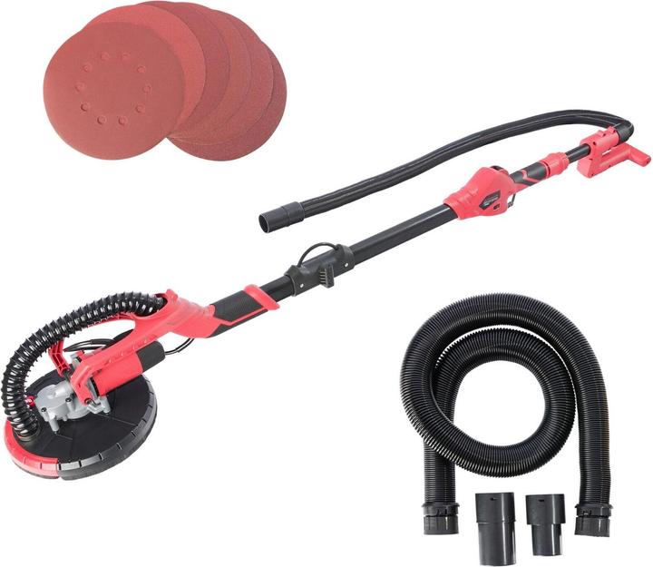 2x carbon brushes, 1x double screwdriver (Phillips and slotted), 1x suction hose, 1x long-neck sander, 6x round sanding discs (80, 100, 120, 150, 180, 240)