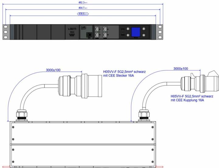 Bachmann BN3000 RCM XXL PROFIL esclave 3x16A mesure p.Ph. 3m H05VV-F 5G 2,5 CEE 3x16A Lan (3 x, CEE 7/3, BS 1363, 1 m)