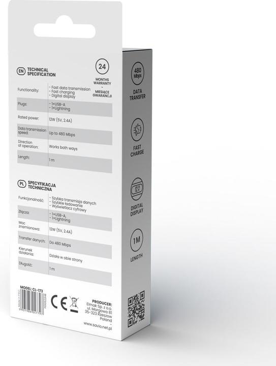 Immagine prodotto Savio Cavo USB - Lightning con display CL-173 1 m nero (1 m, USB 2.0)