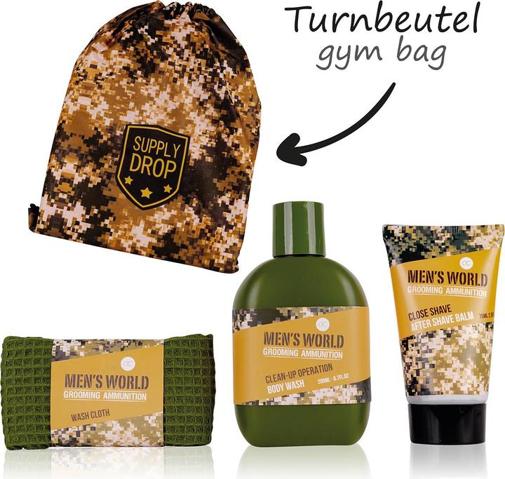 Produktbild Accentra Badeset MEN'S WORLD in Turnbeutel mit Camouflage Print, inkl. 200ml Body Wash, 75ml After Shave Balm (Rasierset)