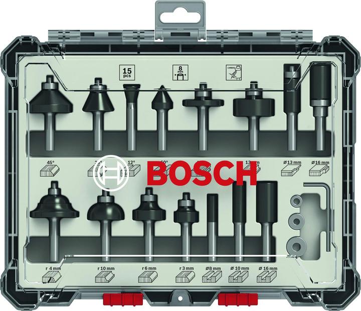 Bosch Professional Zubehör Jeu de 15 fraises, queue de 8 mm pour fraiseuses à main