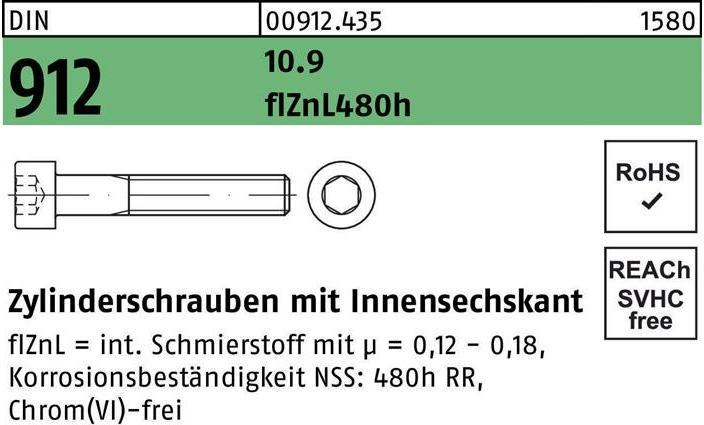 Produktbild Zylinderschraube DIN 912 m.Innensechskant M 20 x 90 10.9 flZnL/nc/x/x/480h/C (25 Schrauben pro Stück)