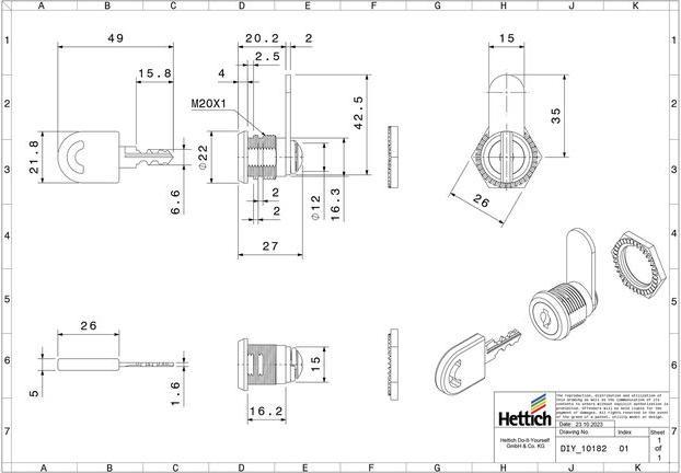 Produktbild Hettich Zylinderhebelschloss, vernickelt