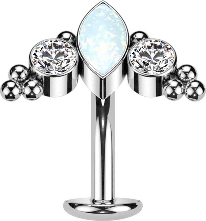 Produktbild Star Piercing Threadless Labret-Stab Banane silber Ovaler Opal weiss und zwei Kristalle silber (Titan G23)