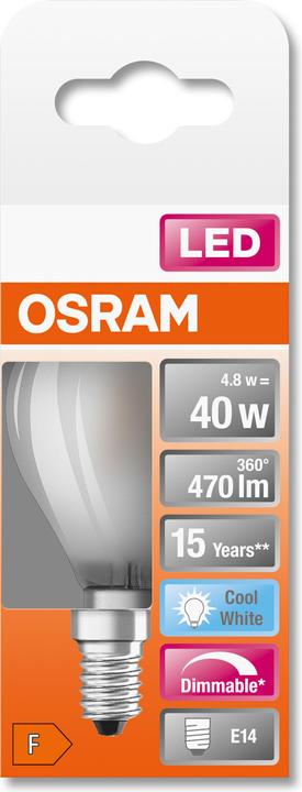 Image du produit Osram LEDSCLP40D 5W/840 230VGLFR E14 10X1OSRAM (E14, 4.80 W, 470 lm, 1 x, F)