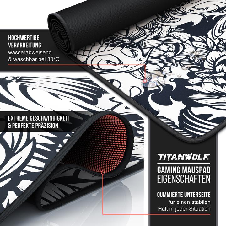 Actual product image Titanwolf Gaming Mouse Pad, 900 x 400mm XXL Mouse Mat, improves precision & speed, Koi Tattoo (XXL)