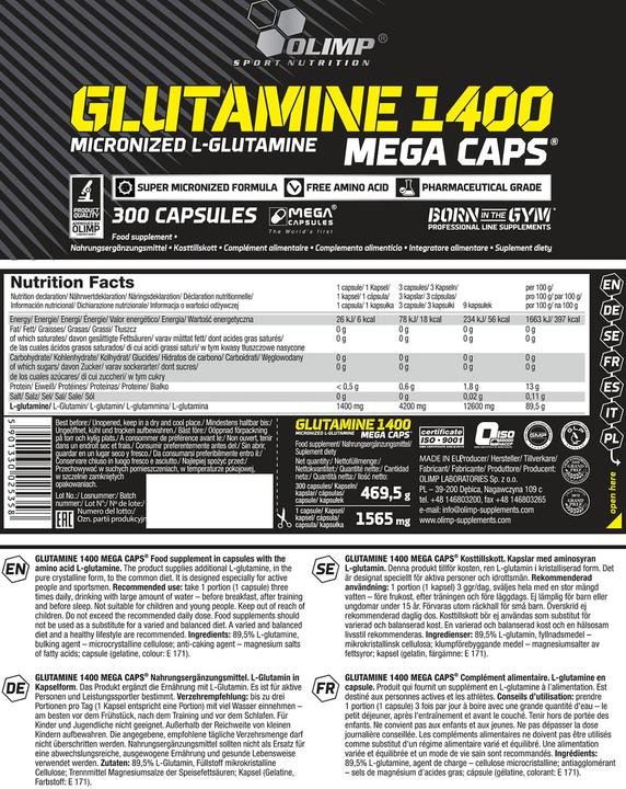 Nutritional values and ingredients Olimp Sport Nutrition Glutamine Mega Caps® (300 Caps, 470g) (300 Piece, Capsules, 470 g)