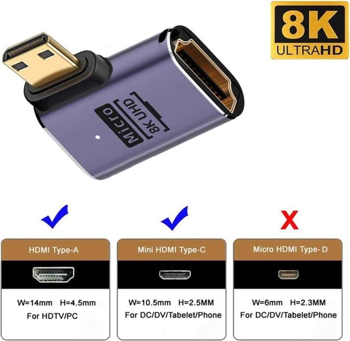 Actual product image PowerGuard Mini HDMI to HDMI 2.1 90 Degree Angle Right Adapter (Mini HDMI)