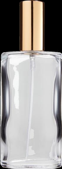 Klarglas-Flasche, oval, mit Zerstäuberpumpe + Kappe gold für 100 ml (100 ml)