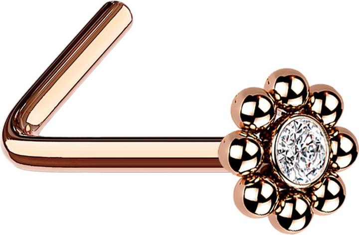 Produktbild Star Piercing Nasenstecker gewinkelt rosegold Blume mit Kugeln und Kristall (ohne Messing, Chirurgenstahl 316L)