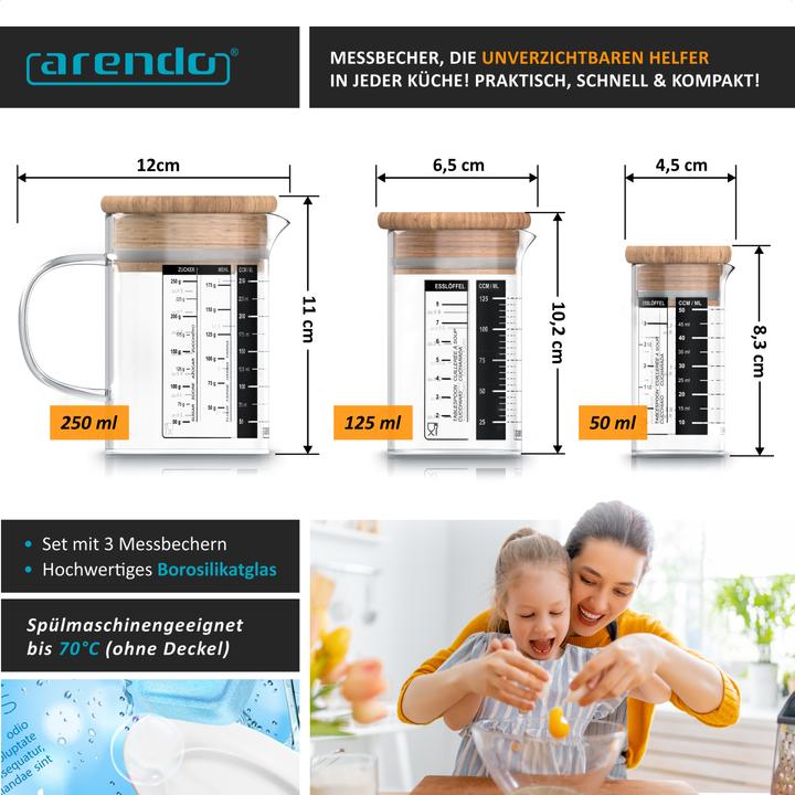 Produktbild Arendo Messbecher-Set, 50 ml, 125 ml & 250 ml aus Glas für Küche, luftdicht, Bambusdeckel, Silikondichtung (250 ml)