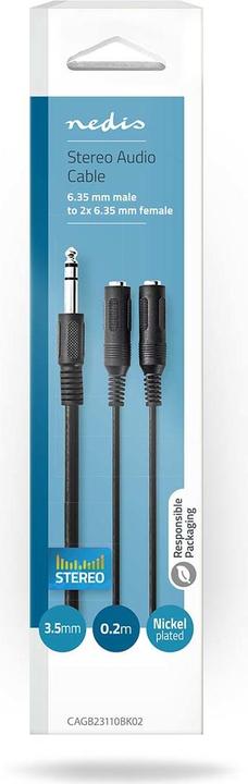 Produktbild Nedis Stereo-Audiokabel | 6.35 mm Stecker | 2x 6.35 mm Buchse | Vernickelt | 0.20 m | Rund | Schwarz (0.20 m)