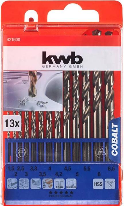 Actual product image kwb COBALT Twist drill set 13 pcs. (6 mm, 6.5 mm, 5.5 mm, 3.3 mm, 1.5 mm, 3 mm, 5 mm, 2.5 mm, 3.5 mm, 4.5 mm, 2 mm, 4.2 mm, 4 mm)