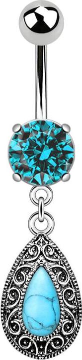 Image du produit Star Piercing Banane argent avec pendentif design vintage et pierre turquoise ovale aqua (Laiton, Acier chirurgical 316L)