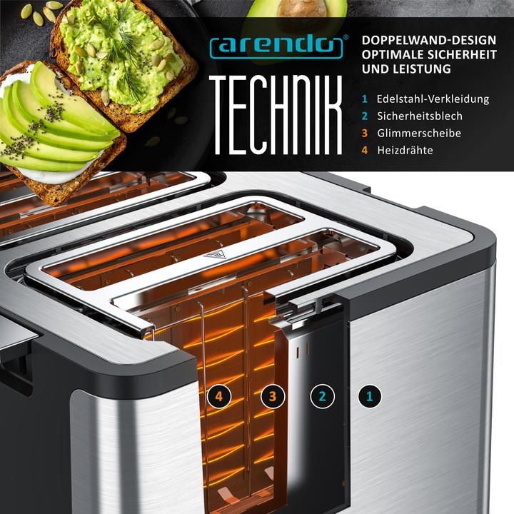 Immagine prodotto Arendo Toaster 4 Scheiben Kurzschlitz, Edelstahl, Automatik, Wärmeisolierendes Doppelwandgehäuse, 1750 W