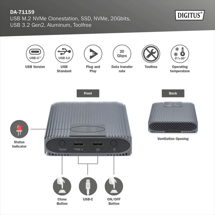 Produktbild Digitus USB M.2 NVMe Clonestation, SSD, NVMe, 20Gbits, USB 3.2 Gen2, Aluminium, toolfree (M.2 2280, M.2 2260, M.2 2242, M.2 2230)