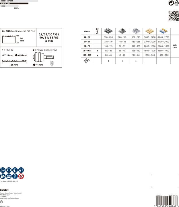 Nutritional values and ingredients Bosch Professional Zubehör PRO Multi Material PC Plus hole saw set, 11 pcs. (51 millimetres, 40 millimetres, 30 millimetres, 35 millimetres, 22 millimetres, 83 millimetres, 68 millimetres, 25 millimetres)