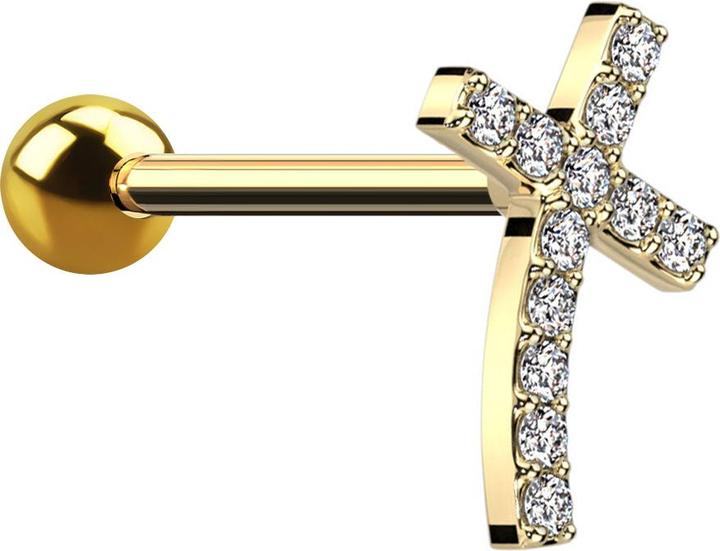 Produktbild Star Piercing Micro Barbell vergoldet mit Kugel gebogenes Kreuz mit Kristallen (Chirurgenstahl 316L, Messing)