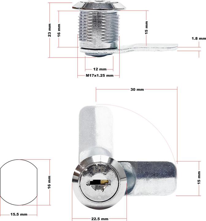 Immagine prodotto Wiltec Serratura a camme con 2 chiavi 16 mm, angolo di rotazione di 90° per cassette postali e mobili