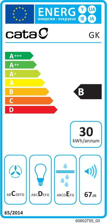 Energy Label Cata Built-in cooker hood CAMPANA Hood GK 4500 WH, B, Width 51 cm, Max 360 m³/h, LED, White (Substructure hood)