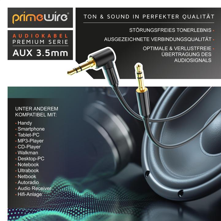 Produktbild Primewire AUX zu 3,5mm Klinke Audio Kabel 90° gewinkelt, HiFi Klinkenkabel Verbindungskabel für Audiogeräte (5 m, 3.5mm Klinke (AUX))