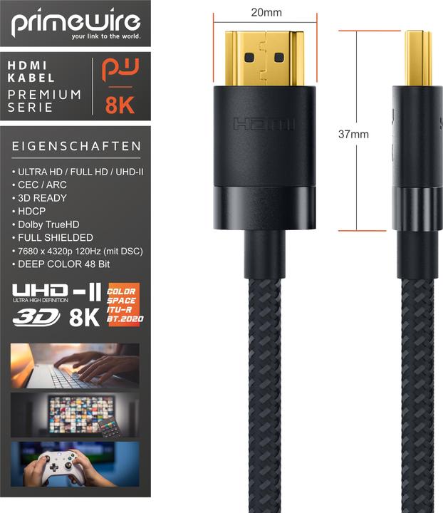 Produktbild Primewire HDMI Kabel 2.1, 8K @ 120Hz / 4K @ 240Hz DSC, Ultra High Speed, Nylonummantelung, HDR, ARC (1 m, HDMI)