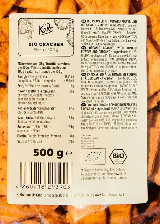 Valori nutrizionali e ingredienti KoRo Cracker biologici con polvere di pomodoro e origano (500 g)