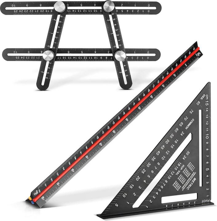 Produktbild Stahlwerk Lineal Set mit Multiwinkel-Messlineal, Dreikant-Lineal, Winkeldreieck (300 mm)