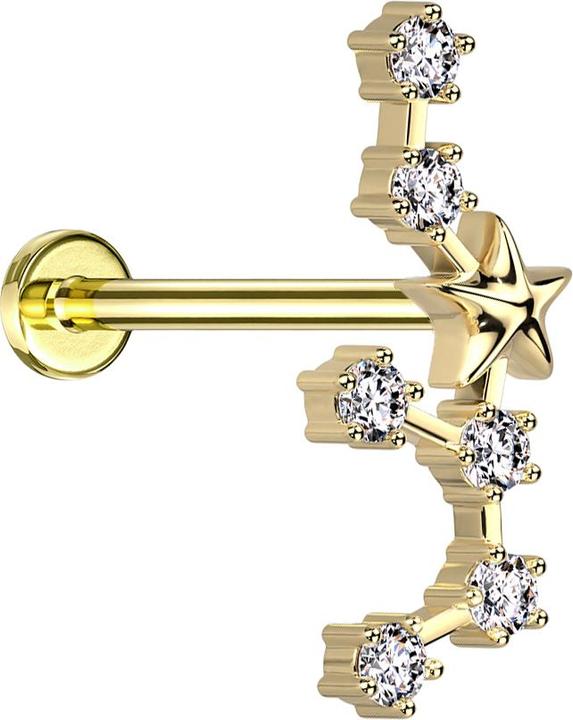 Star Piercing Micro Labret Innengewinde vergoldet Sternzeichen Schütze mit Kristallen (Chirurgenstahl 316L, Messing)
