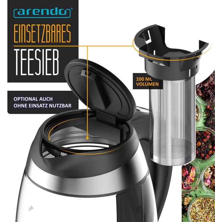 Actual product image Arendo Wasserkocher 1,8 L aus Glas & Edelstahl mit Temperatureinstellung & Teesieb, Teekocher 2200 W (1.80 l)