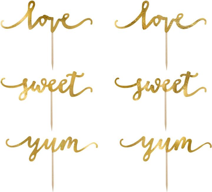 Immagine prodotto Partydeco Set di cake topper amore, dolce, yum 13 cm, 6 pezzi, oro
