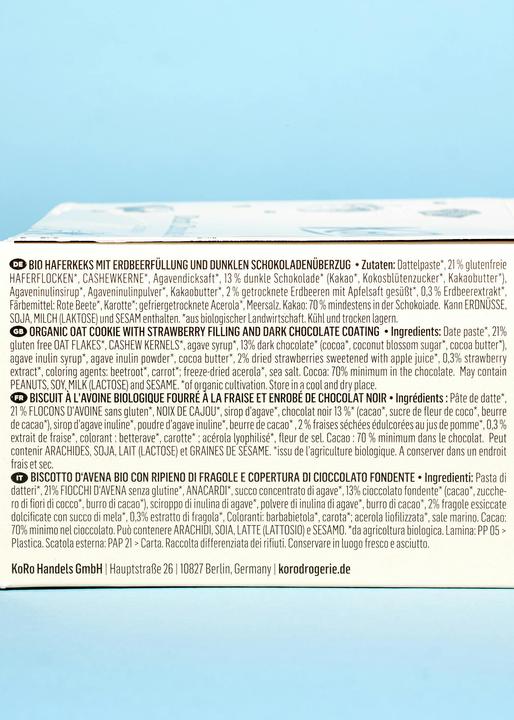 Valeurs nutritives et ingrédients KoRo Biscuit bio à l'avoine fourré à la fraise et enrobé de chocolat noir (480 g)