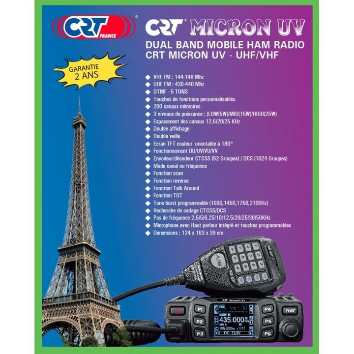 Image du produit CRT Alpha Radio VHF/UHF CRT MICRON UV bi-bande 144-146 MHz - 430-440 MHz, 13,8 V DC, DTMF, double veille