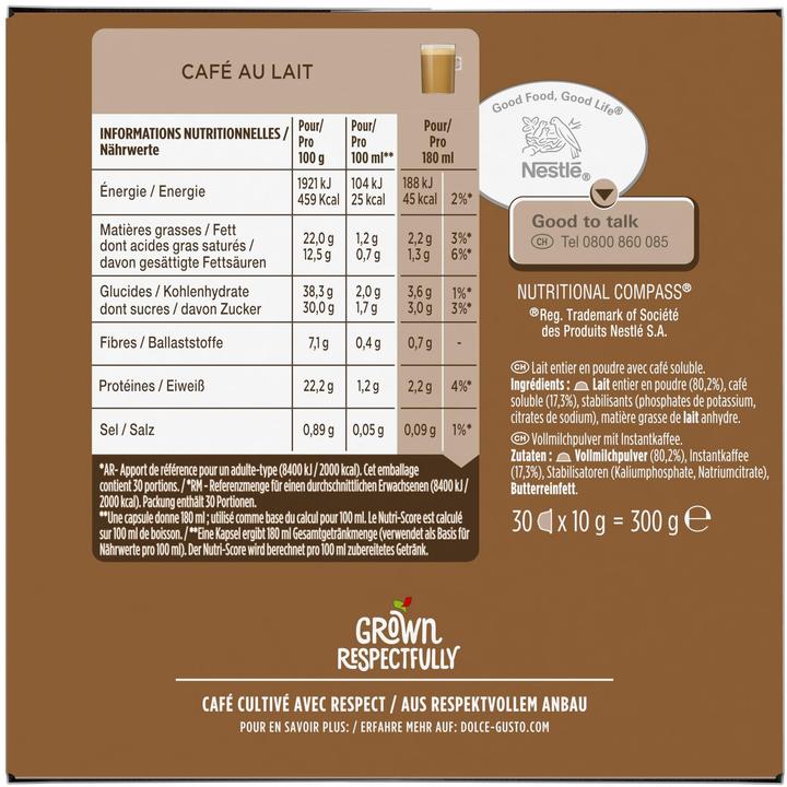 Nährwerte und Zutaten Nescafé Dolce Gusto Café Au Lait (30 x Port.)