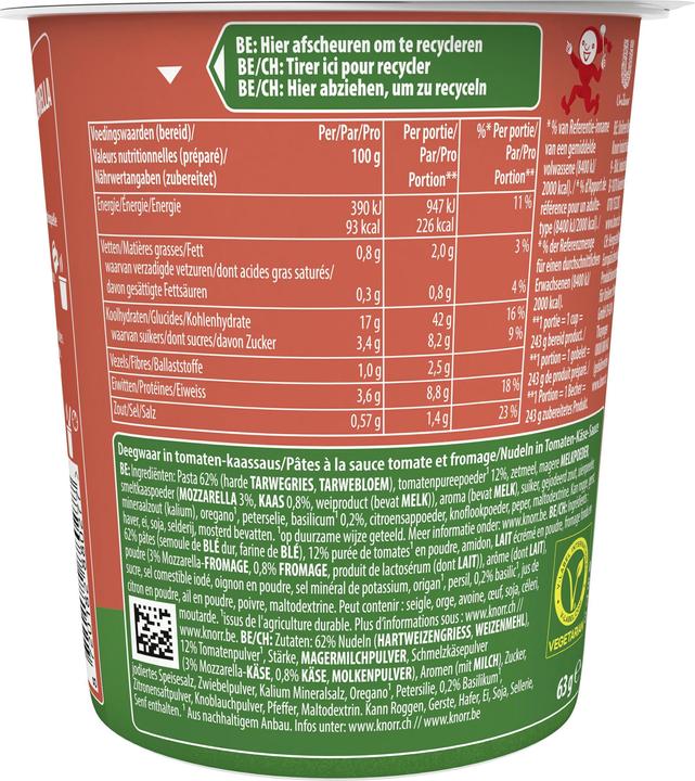 Valeurs nutritives et ingrédients Knorr Mozarella de tomate (86 g)