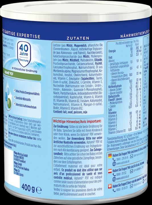 Nutritional values and ingredients Aptamil PDF Speciality food (400 g, from birth)