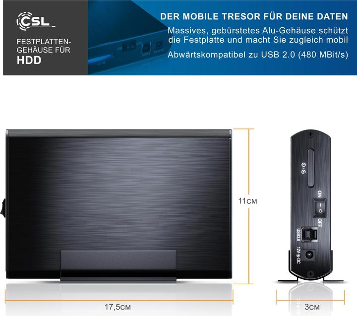 Produktbild CSL Festplattengehäuse, 3,5" USB 3.0 Aluminium Festplattengehäuse SATA I/II/III und SSD-fähig (3.5")