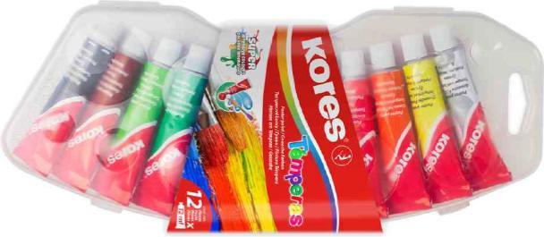 Image du produit Kores Tempera peinture ""Temperas"", étui plastique de 12 couleurs hautement pigmentées, miscibles, tubes (Couleurs assorties, 12000 ml)