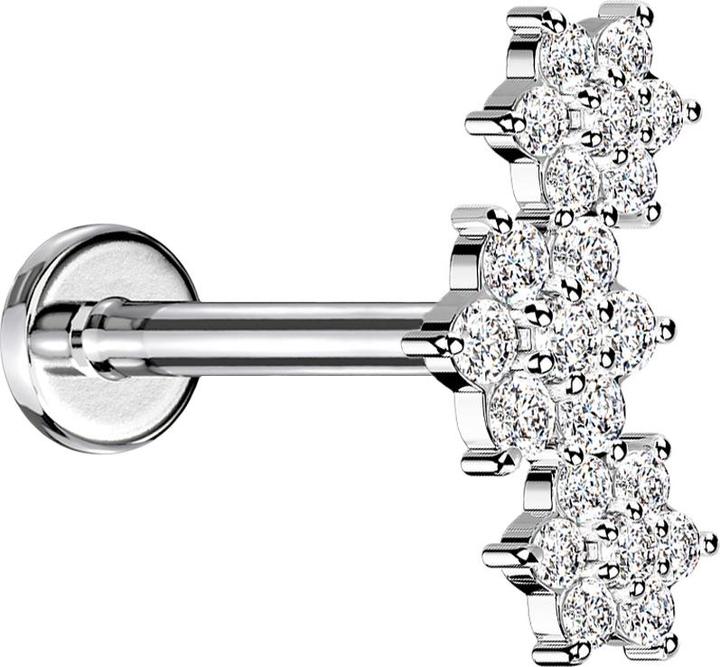 Image du produit Star Piercing Micro Labret femelle argenté trois fleurs cristaux argentés (LaitonAcier chirurgical 316L, Titane G23)