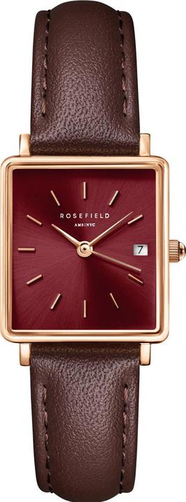 Actual product image Rosefield Boxy XS Burgundy Sunray Dark Brown Leather Rose Gold Wristwatch