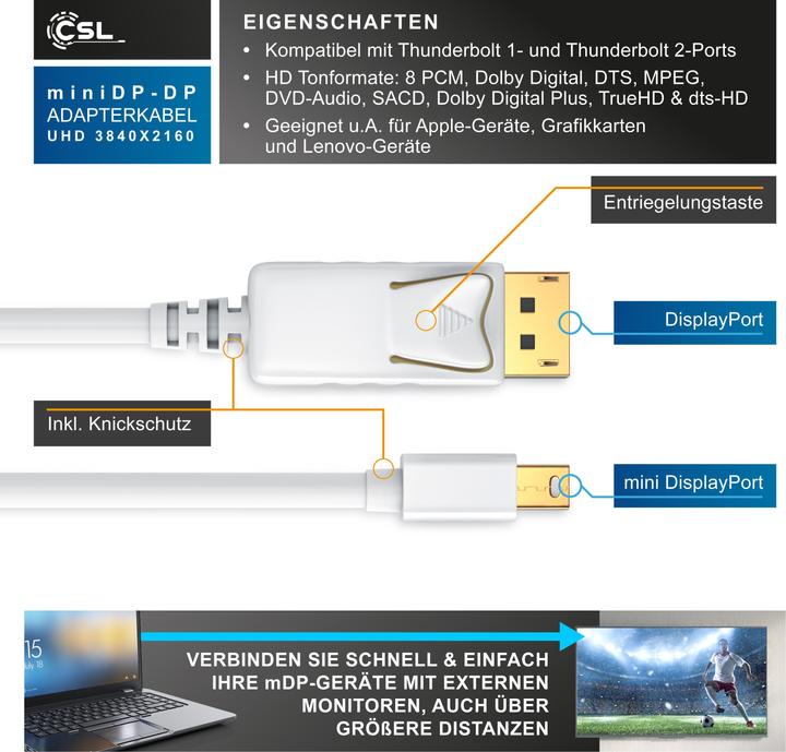Produktbild CSL Mini DisplayPort zu DisplayPort Kabel - Audio Video Kabel - FullHD - kompatibel Apple Lenovo Surface (3 m, DisplayPort)