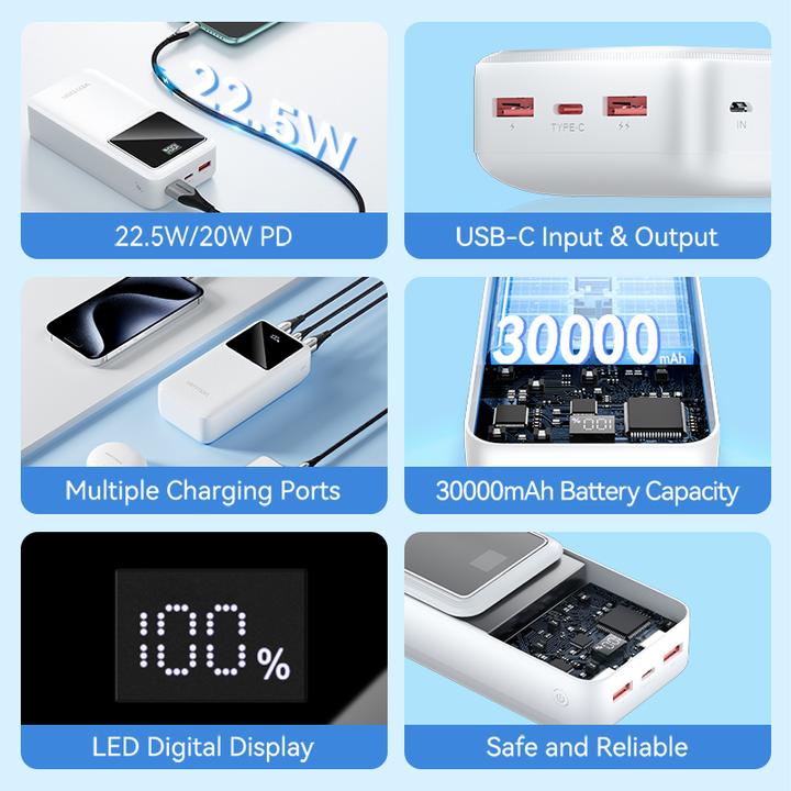 Actual product image Vention 30000mAh Power Bank (Micro-USB + USB-C + USB-A + USB-A) 22.5W White LED Display Type (30000 mAh, 22.50 W, 111 Wh)