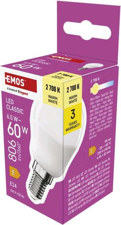 Produktbild Emos LED Lampe Classic Mini Globe / E14 / 6,5 W (60 W) / 806 lm / Warmweiss (E14, 6.50 W, 806 lm, 1 x, E)