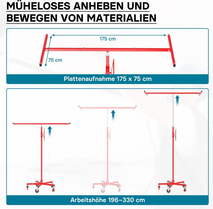 Produktbild Wiltec Plattenheber 68kg 196-330cm Montagehilfe Paneelheber Trockenbau Lift (68 kg)