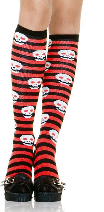 Actual product image Leg Avenue Kniestrümpfe schwarz-rot geringelt mit Totenköpfen
