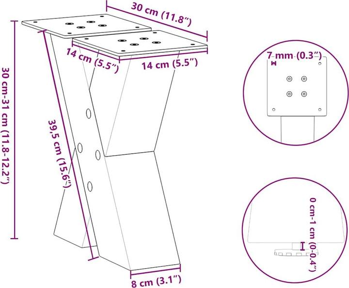 Produktbild VidaXL Couchtischbeine X-Form 2 Stk. Weiss 30x(30-31) cm Stahl Tischbein