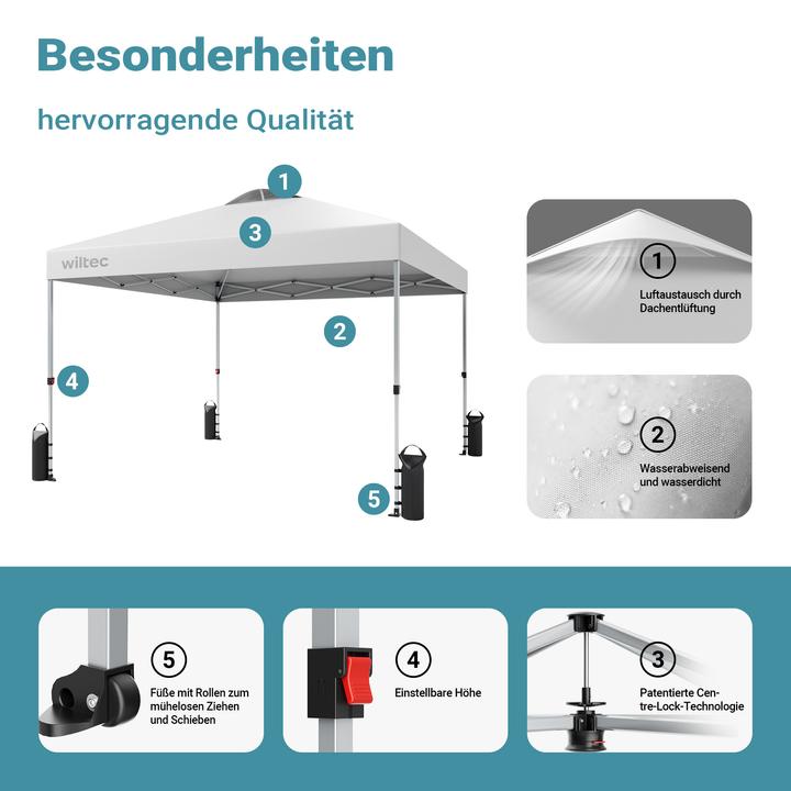 Image du produit Wiltec Pop up Pavillon 3x3m blanc Roues Pavillon de jardin Pavillon pliant Camping Party (300 cm, 300 cm)
