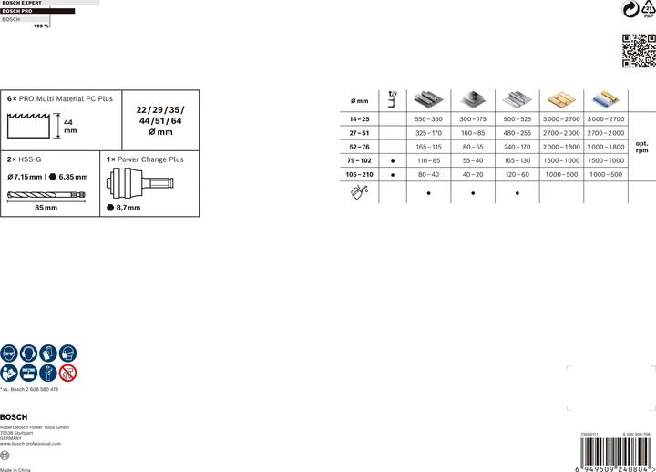 Nutritional values and ingredients Bosch Professional Zubehör PRO Multi Material PC Plus hole saw set, 9 pcs. (22, 29, 35, 44, 51, 64 millimetres)