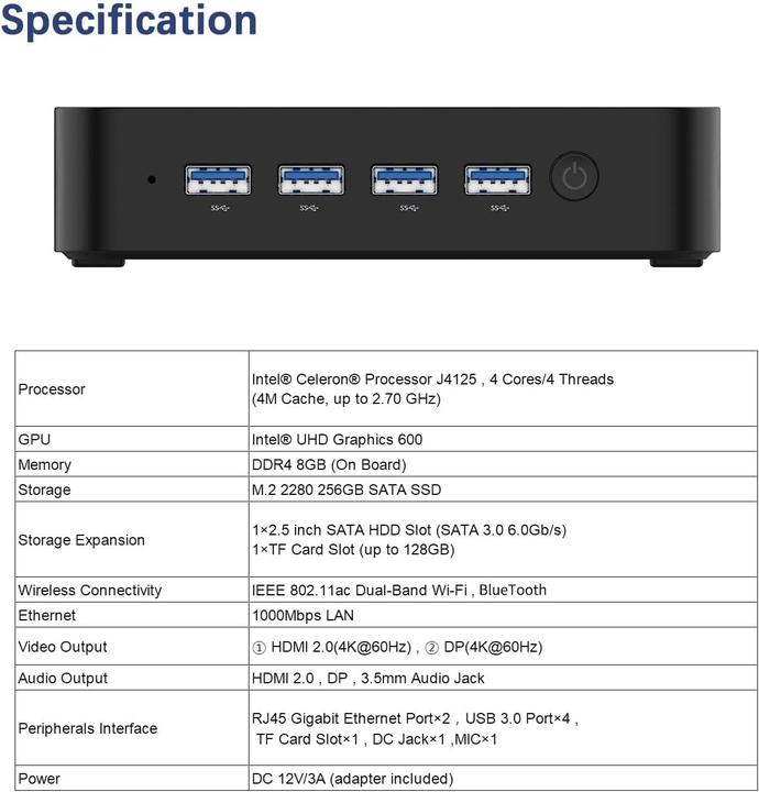 Produktbild Minisforum Mini PC GK50-256GB (Intel Celeron J4125, 8 GB, 256 GB, UHD Graphics 600, Intel UHD Graphics)