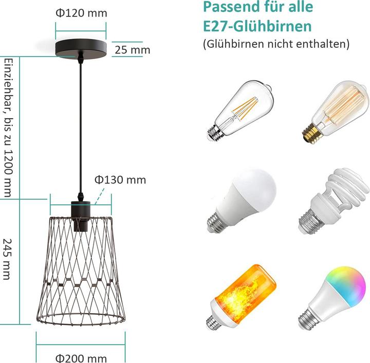 Actual product image Emke Lydia Pendant Light, E27 Retro Single Bulb Metallic Hanging Lamp, Black (E27)